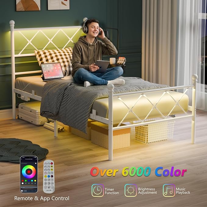 VINGLI Twin Bed Frame with LED Lights & Charging Station, Metal Platform Bed Frame with Headboard, USB Ports, Under Bed Storage, Noise Free, No Box Spring Needed, Easy Assembly, White