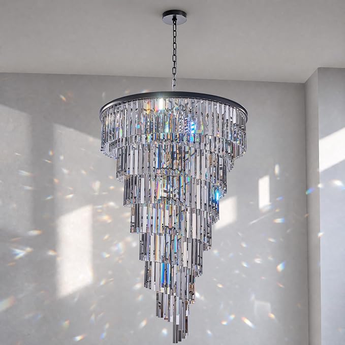 36'' Spiral Crystal Chandelier Black Modern Light Fixture, Large High Ceiling Foyer Ceiling Pendant Light, 30 E12 LED Bulbs Included, Adjustable Chain Hanging Lamp for Entryway, Hallway, Black