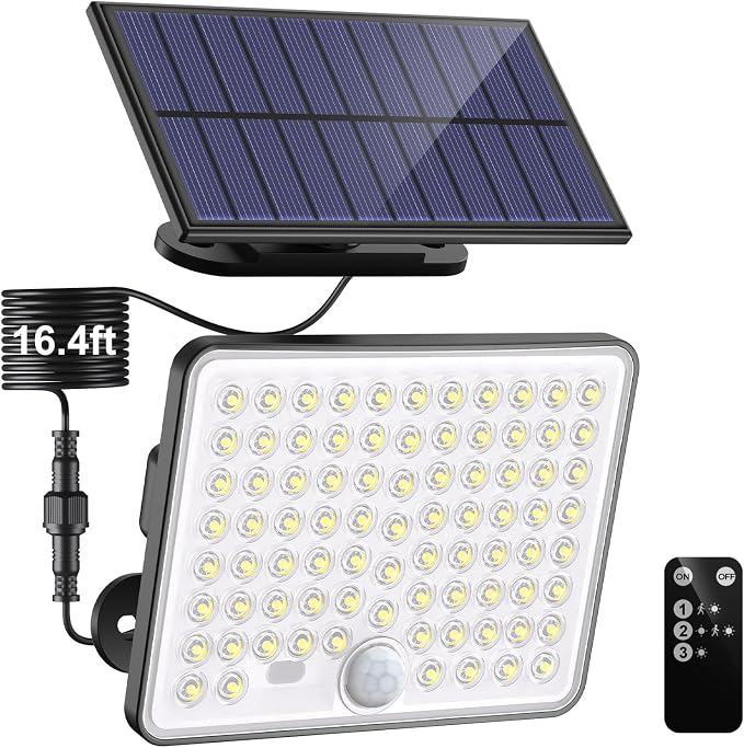 nipify Solar Lights Outdoor,3 Modes Solar Flood Lights Outdoor with Remote Control,IP65 Waterproof Solar Security Lights, 16ft Cable Solar Motion Lights for Outside Yard Garage Garden Dusk to Dawn