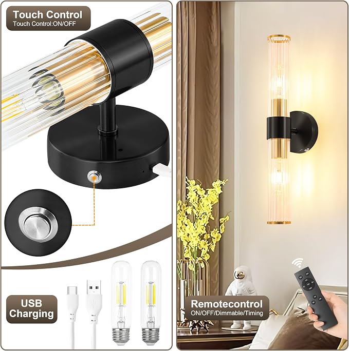 Black Gold Battery Operated Wall Sconces Set of 2, Rechargeable Wall Lights with Dimmable Remote Control, 20“ Modern Sconces Wall Decor, Wireless Wall Lamp for Bedroom, Living Room (Bulbs Included)