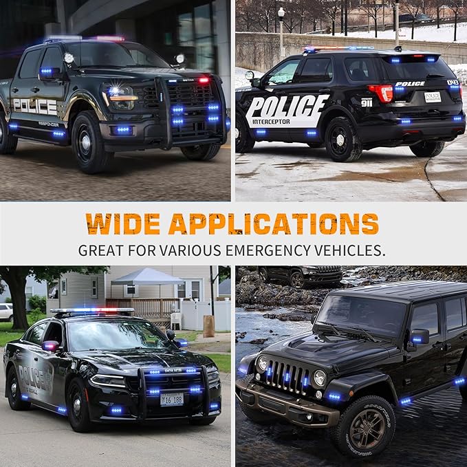 XRIDONSEN 8PCS Sync Blue Grill Emergency Lights 32 LED Grille Surface Mount Firefighter Police Lights Strobe Flashing Warning Safety Hazard First Responder Light for Vehicles Firefighters POV Trucks