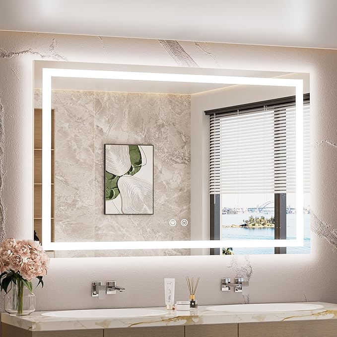 LED Lighted Bathroom Mirror with Lights 48 x 30 Brighter Front and Backlit Light up Mirror for Bathroom Wall, Illuminated Vanity Anti Fog Mirror, 3-Color Stepless Dimmable, Tempered Glass