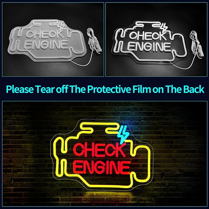 Check Engine Neon Sign, JGHTURIE Man Cave Neon Signs for Wall Decor Garage Car Room Yellow Light Up Sign Auto Repair Workshop Led Signs USB Powered