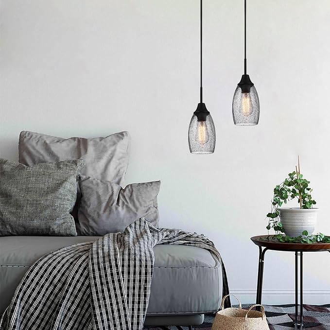 Viinew Mini Glass Pendant Light,1-Pack Black Seeded Glass Pendant Light | Handblown Grey Seeded Art Oval Glass Shade Adjustable Cord Lamp Ceiling Pendant Light Fixture for Kitchen,Dining,Bedroom