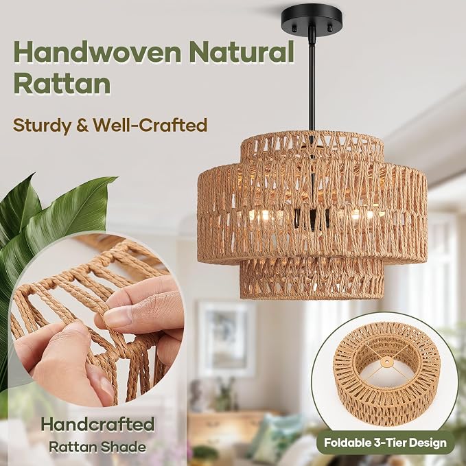 6"-41" Height Adjustable Farmhouse Chandelier Light Fixture, 3-Light Rattan Boho Chandeliers for Dining Room, Hand Woven Pendant Light with Linen Shade, Rustic Hanging Lighting for Kitchen Island