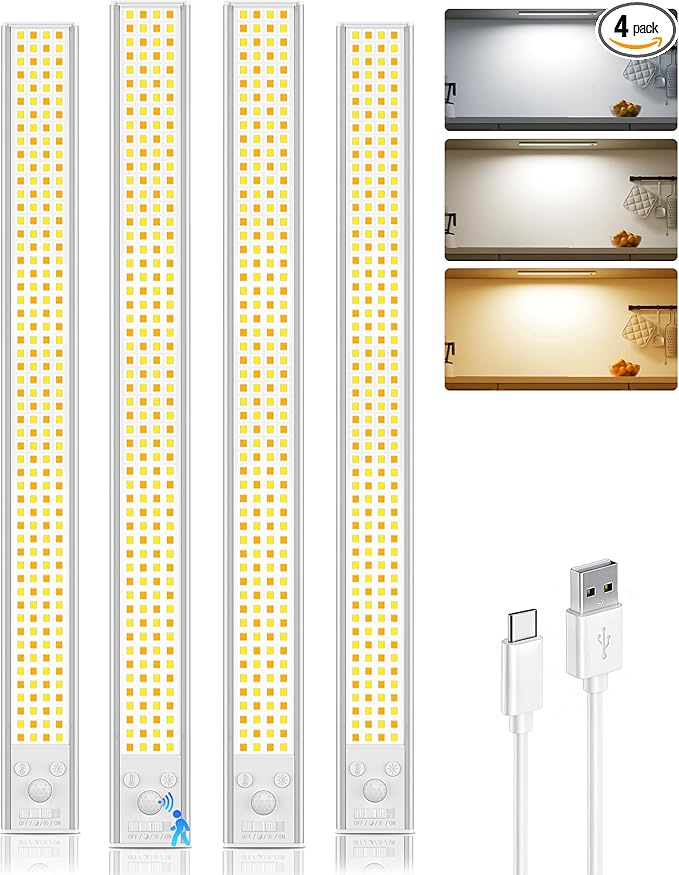 4 Pack Rechargeable Under Cabinet Lighting 16" Motion Sensor Light Indoor | Closet Lights Wireless, 3 Color Temps, Dimmable, 216LED Super Bright, Magnetic Under Counter Lights for Kitchen Stairs Pantry