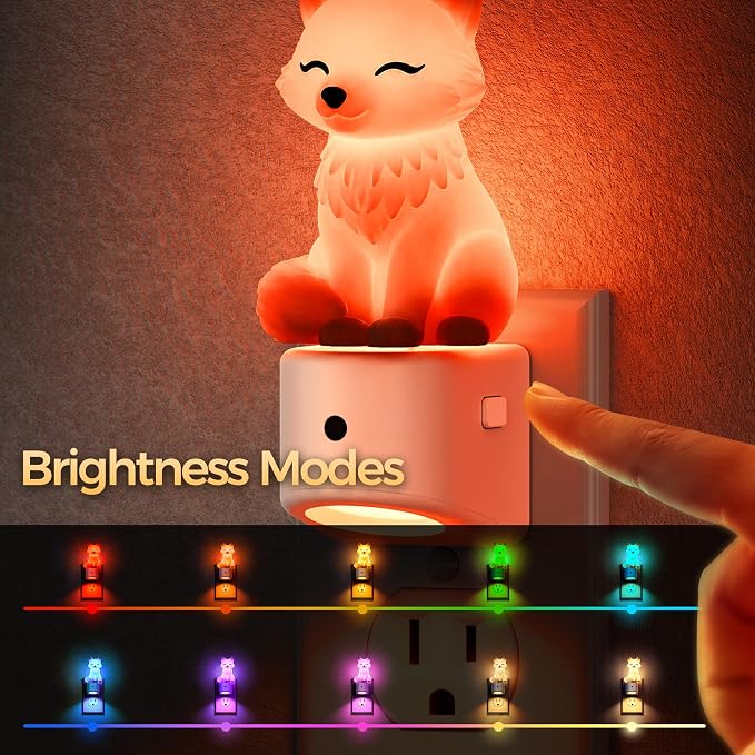 Night Light for Kids,White Fox Night Lights Plug into Wall,2 Pack | 8 Colors+ Soft White 3000K Nightlight,Dusk to Dawn Sensor,Nightlights for Kids Room Bedroom,Birthday Gift,2 Packs