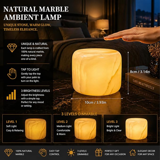 Marmor Marble Lamp Table Lamp Unique Lamp Type-C 3 Way Bedside Lamp Ambient Lighting for Bedroom Night Stands Night Light Decorative LED Warm Ambient Portable Lamp for Rechargeable (Eastern Jade Glow)