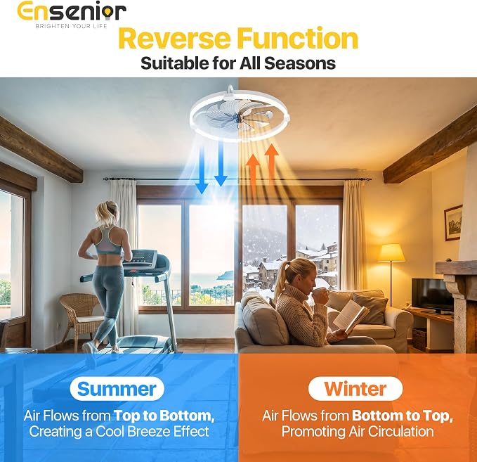 Ensenior 24 Inch Flush Mount Ceiling Fans with Lights, APP Control, White | Quiet Reversible Motor, Night Light Mode, 6 Speeds, 3CCT, Dimmable, Low Profile, Remote, Memory Function, Timer, Bedroom