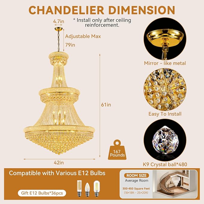 42'' W Luxury 3-Tier Empire Crystal Chandelier, 36 LED Bulbs, 480 Hand-Strung K9 Crystals (4 Spares), 79-Inch Adjustable Chain, Ideal for Foyer, Staircase, Double-Height Living Room (Gold)