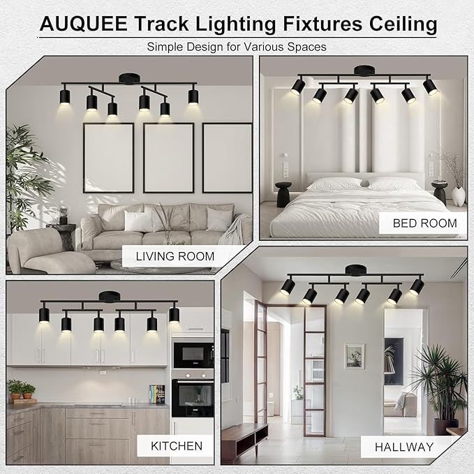 6 Light Track Lighting Fixtures Ceiling, Matte Black Kichen Track Lighting Fixtures with Rotatable Light Heads, Upgrade Light Poles, Modern LED Sopt Lights for Kitchen/Hallway, No GU10 Bulb