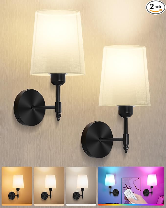 Battery Operated Wall Sconces Set of 2, Wireless Rechargeable Dimmable Wall Light with 5600mAh RGB Bulb and Remote for Bedroom, Living Room, Hallway, Black, 13.5in