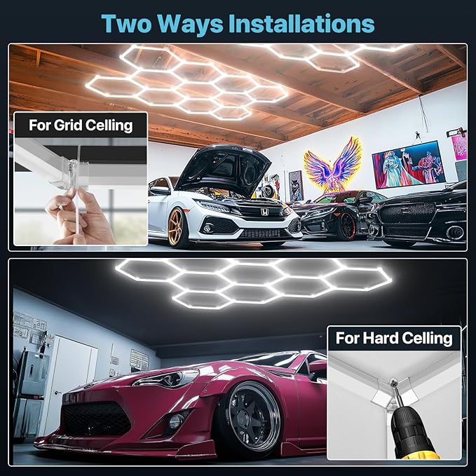 HYPERLITE Gen 2 Hexagon Garage LED Light, Upgraded 3 Level Dimmable 168W 16800LM Super Bright Garage Detailing Lights, 5 Grids Hex Shop Light, Hexagon LED Lights for Basement, Car Wash, Gym, Shop