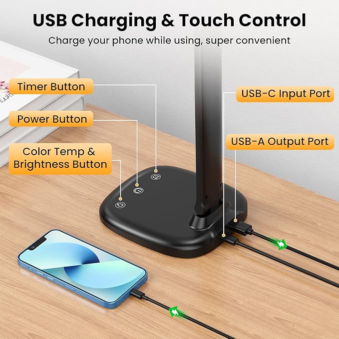 Desk Lamp with Charger, 10%-100% Stepless Dimmable & 5 Color Modes Study Lamp, Touch Control, 30-/60-minute Timer, USB Charging Output Port, CRI≥90, Eye-Caring Foldable LED Desk Lamps for Home Office