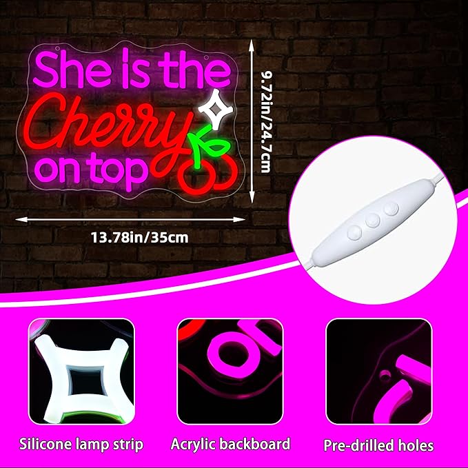 She Is The Cherry On Top Neon Sign for Wall Decor Dimmable Cherry Neon Light for Living Room Light Up Sign for Girl Wedding Party Bedroom Beauty Salon Birthday Gift Art Size 13.7 * 9.7In (WZCP218)