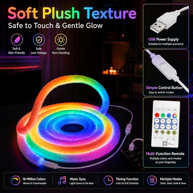 5V USB Plush LED Neon Rope Light, 16.4ft RGB+IC 360° Luminous Smart LED Strip Lights with APP/Remote Control, Music Sync Mode,Cozy Flexible Décor LED Light Strip for Dream Bedroom,Games Room