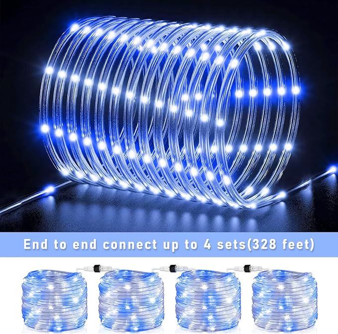 100FT 300 LED Rope Lights for Outside, Connectable Rope Lights Outdoor Waterproof with 8 Modes, Plug in Christmas String Lights for Patio, Deck, Pool, Stair, Camping - Blue White