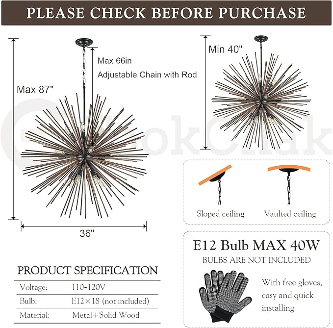 Large Wood Sputnik Chandeliers 18 Light Starburst Chandelier Light Fixture Solid Wood Farmhouse Black Satellite Light Fixture for Living Room Foyer Dining Room Hotal Hall 36in