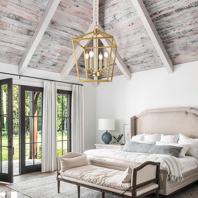 Gold Farmhouse Chandelier, 4-Light Foyer Lighting Fixtures for Dining Room | Industrial Kitchen Lantern chandelier Over Table, Pendant Island Ceiling Light for Entryway, Metal Cage Adjustable Height