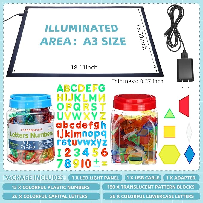 Kanayu Adjustable Brightness LED Light Panel 18" Classroom Light Table with 245 Translucent Pattern Blocks Letters Board Numbers for Sensory Play Creative Exploration Kids Home Learning Counting