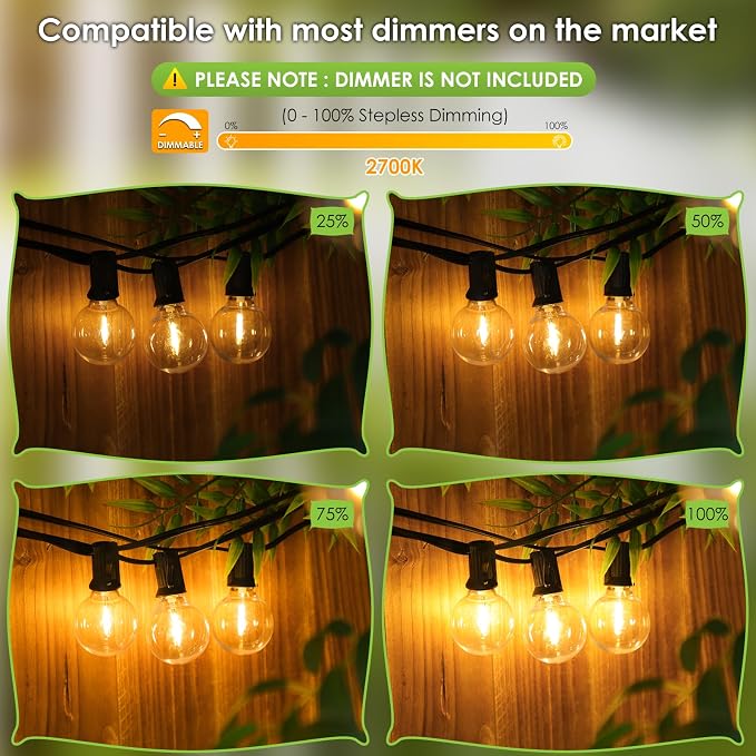 100Ft LED Outdoor String Lights, Dimmable Patio Lights, Waterproof Shatterproof 53 G40 Globe Bulb String for Backyard Bistro-Black 1 Pack