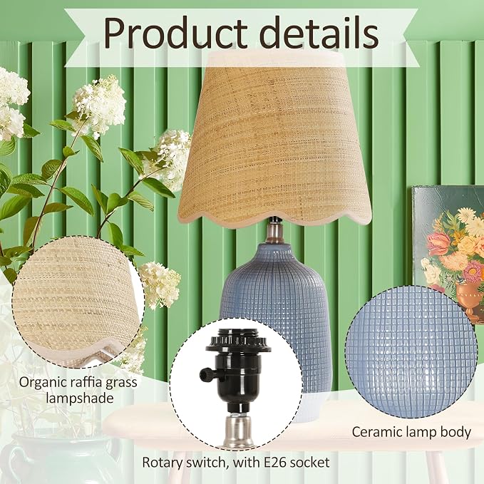 Set of 2 19" Modern Ceramic Table Lamp for Living Room Gray Blue Base Desk Lamps for Bedroom Farmhouse Bedside Nightstand Lamp End Table Lamps,Bule,Rattan Shade