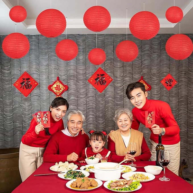 12Pcs Round Paper Lanterns Assorted Sizes (6" 8" 10" 12") for Lunar New Year 2026, Chinese New Year Decorations, Wedding Birthday Home Decor, Hanging Chinese Japanese Paper Lantern Lamps (Red)