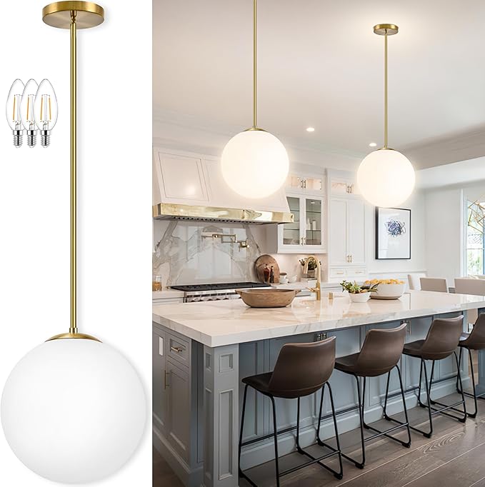 14" Globe Pendant Light 3-Light Gold Mid Century Modern Light Fixture Milk Glass Pendant Light Globe Pendant Lights Kitchen Island Brushed Brass Finished with Milk Glass Lampshade for Bedroom
