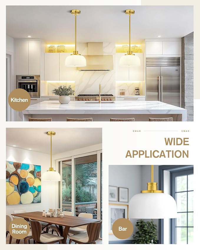 Emak Brushed Gold Pendant Lights Kitchen Island, 10 Inch Large Milk Glass Pendant Light Fixtures, Modern Hanging Lights for Kitchen Island, Dining Room, Bedroom, Bathroom, PL131-BGD-ML