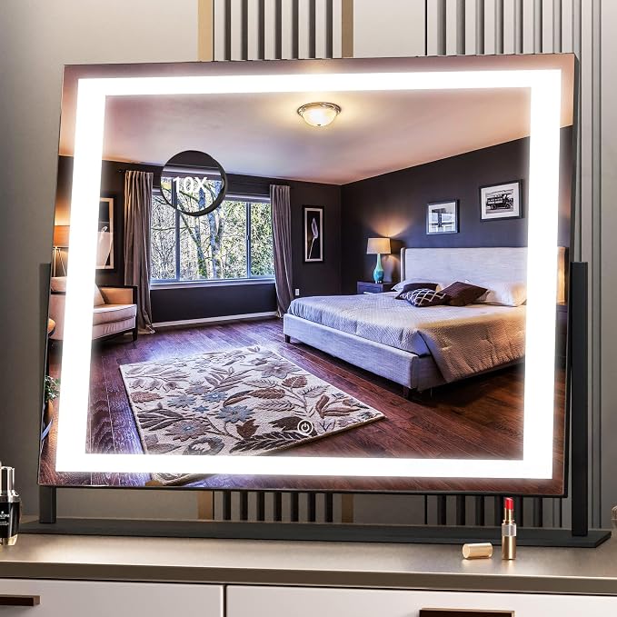 Hasipu Vanity Mirror with Lights, 24.2" x 19.7" LED Makeup Mirror, Light up Mirror with 10X Magnification, Smart Touch 3 Colors Dimmable, Brightness Adjustment, 360° Rotation (Right Angle Black)