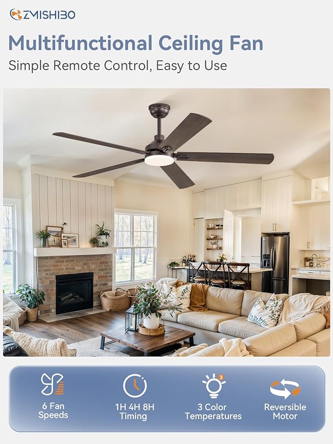 ZMISHIBO 60" Ceiling Fan with Light and Remote, Oil Bronze Farmhouse Indoor | Large Size, 3CCT, Downrod Mount, Rustic Dual Finish Blades, Quiet&Strong Motor, Memory Function for Bedroom, Living Room