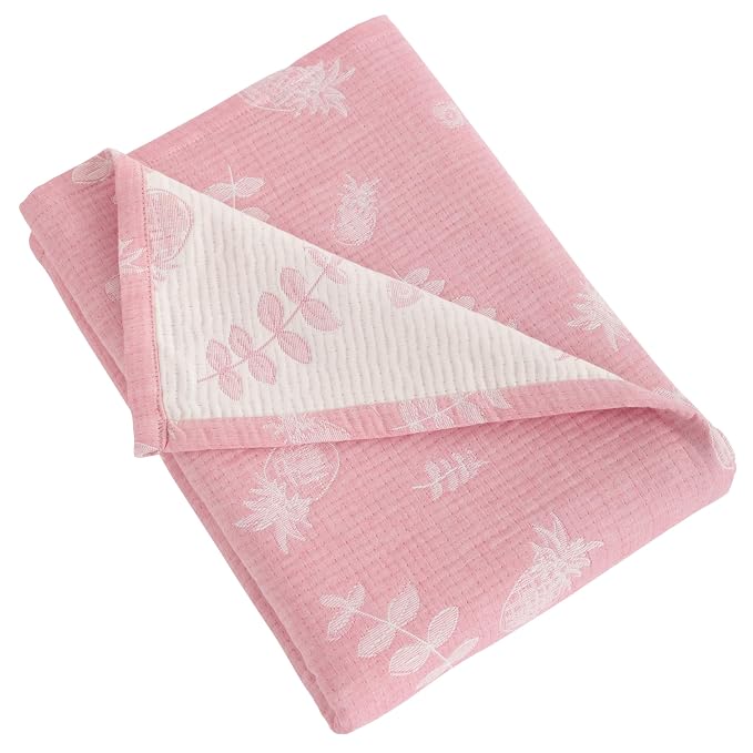 NTBAY 3 Layer Muslin Toddler Blanket, 30 x 40, Pink Pineapple | Breathable Muslin Cotton Outer Layers with Light Thermal Fill, Reversible for Stroller, Daycare, Travel, and Supervised Use