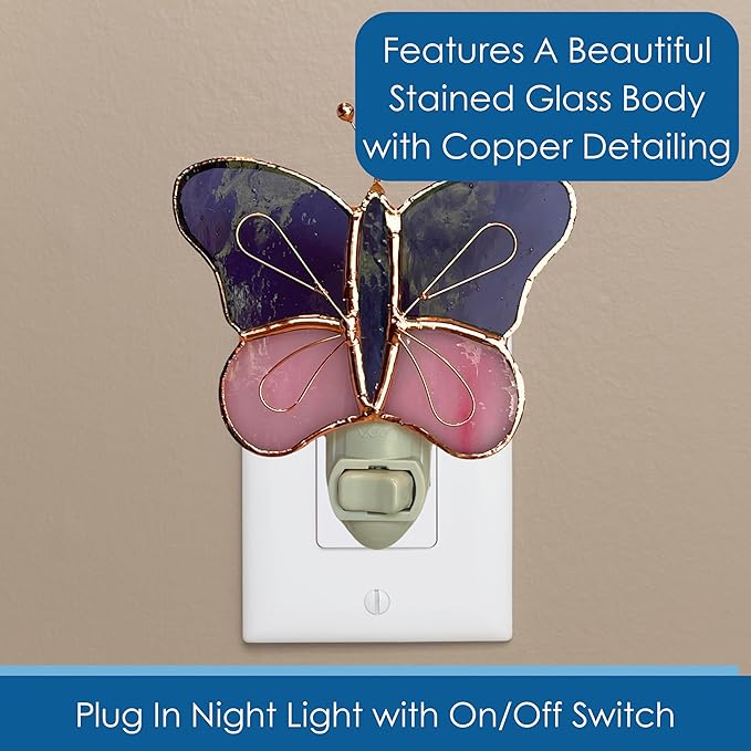 Gift Essentials Pink and Purple Butterfly Plug in Night Light - Stained Glass Nightlight with On/Off Rocker Switch - Includes One 4 Watt Replaceable Incandescent Warm Glow Bulb