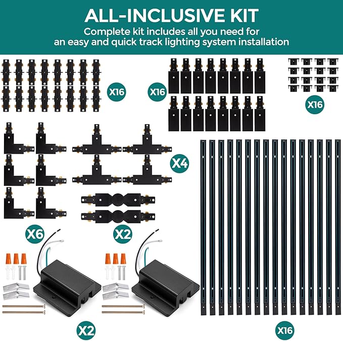 H Track Lighting Rails Kit - iCreating 52.5ft Black Track Lighting Tracks 3 Wire with Floating Canopy Connector, L, I and T Connectors for Single Circuit H Type LED Tracks Lights Heads Fixtures