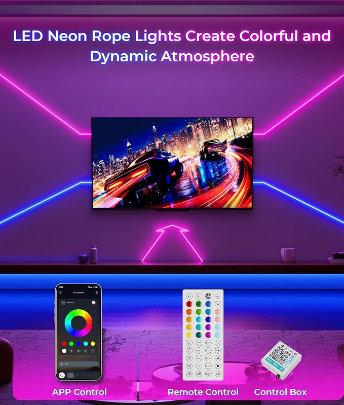 Led Neon Lights Strip - 50FT RGB Led Rope Light Flexible Mult-Modes | Control with App/Remote Rope Lights，IP65 Waterproof Outdoor Neon Music Sync Gaming Strip for Bedroom Wall Decor