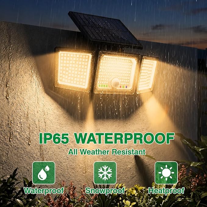 Solar Outdoor Lights Motion Sensor, 2500LM 286 LED Security Flood Lights with Visual Battery & Mode Display, 3 Lighting Modes, IP65 Waterproof 3-Head Wide Angle for Garage, Yard, Patio (2P Warm White)