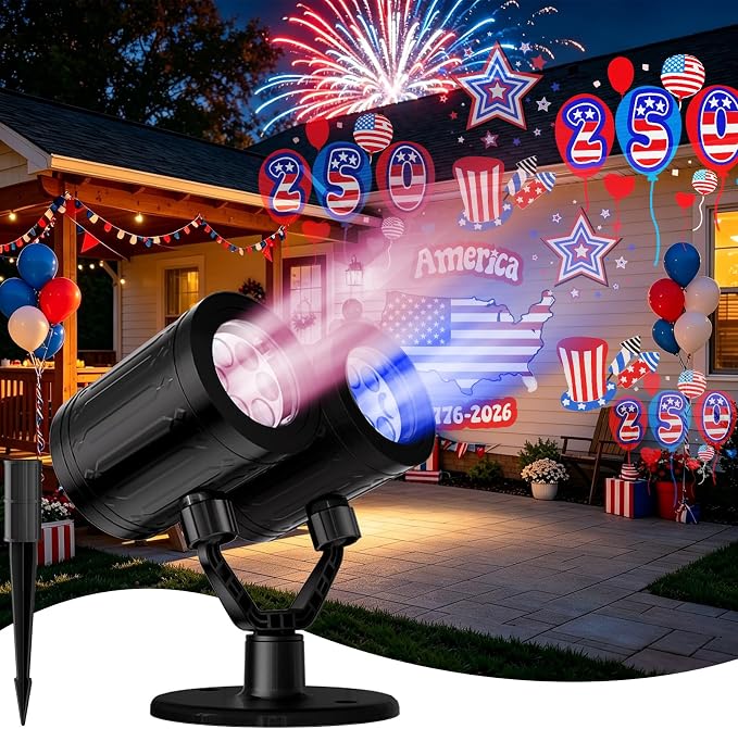 Independence Day Projector Lights Outdoor 4th of July Decorations Lights Projector with American Flag Patterns Waterproof Patriotic Projection Light for 250th Anniversary for Garden Party Decor