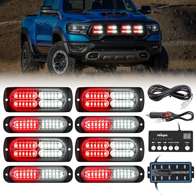 Nilight 8PCS Led Strobe Lights with Controller 12V 24V Sync Feature Red White Emergency Hazard Warning Light 12 24 LED Surface Mount for Vehicle Car Truck RV ATV