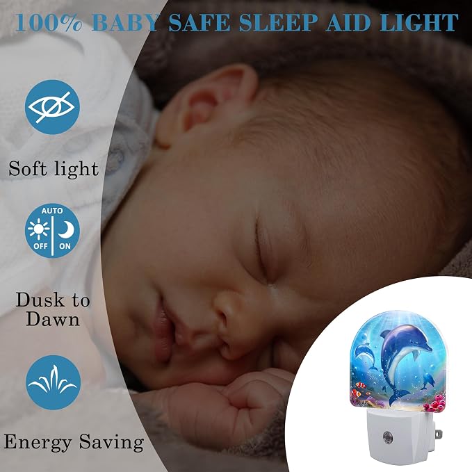 Night Light for Kids Girls Boys, Cute Dolphins in Tropical Sea LED Night Light Plug into Wall with Dusk to Dawn Sensor for Room Decor, Hallway, Kitchen, Bathroom, Nursery, Stairs