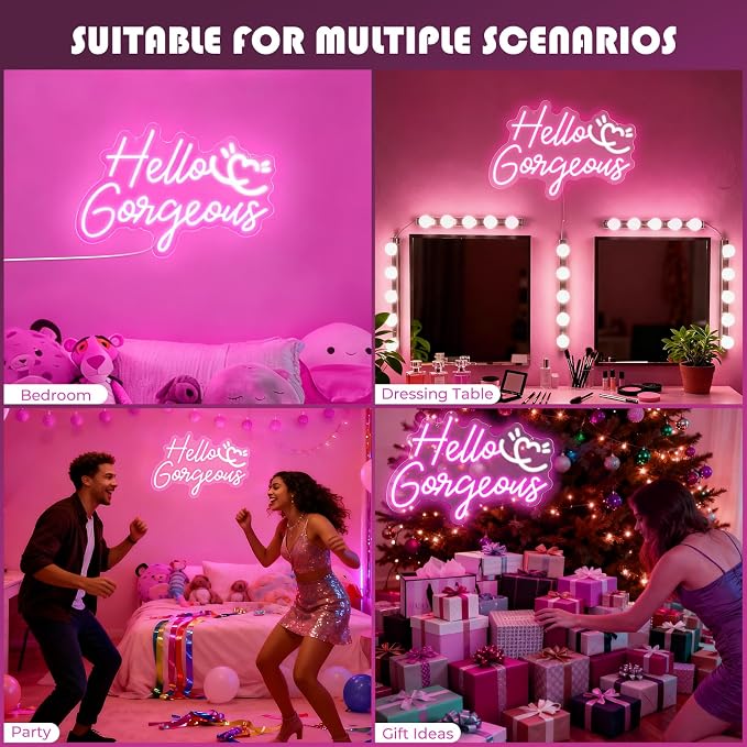 Hello Gorgeous Neon Sign, 16 * 10.8 Inches Led Sign, Neon Signs for Wall Decor with Dimmable Switch, Powered by USB Light up Sign, Pink Neon Lights for Teen Girls Bedroom, Salon, Party