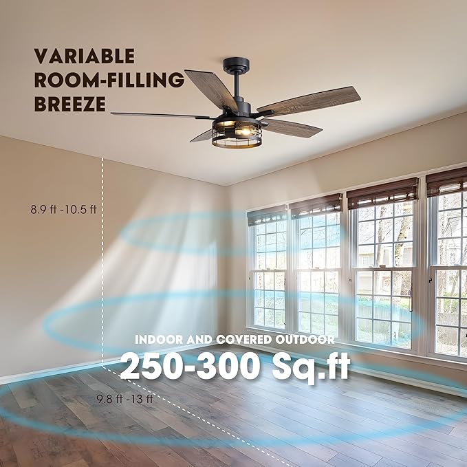 52 Inch Ceiling Fans with Lights and Remote & APP Control, Farmhouse Ceiling Fan Lights for Bedroom Living Room and Patio, Black Caged Ceiling Fan for Indoor and Outdoor (No Bulbs)
