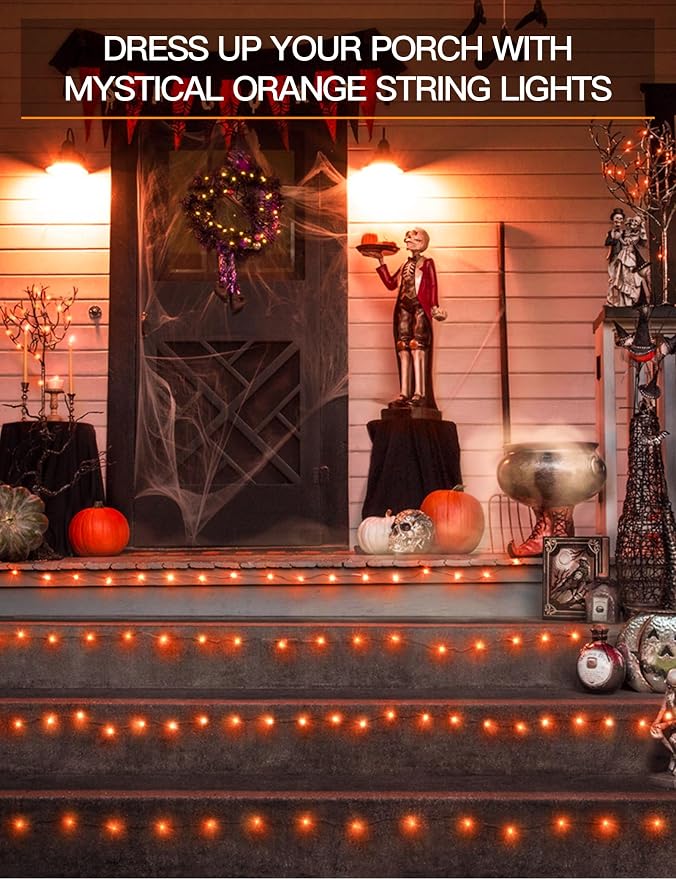 Halloween Lights Battery Operated, 33ft 100 LED Orange String Lights for Outside Decorations Waterproof, Fairy Lights with Timer and Remote for Party, Yard, Outdoor, Tree, Wedding, Rroom Decor