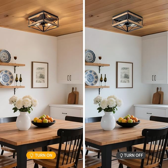Mayful Black Farmhouse Flush Mount Ceiling Light Fixture, 2-Light Rustic Hallway Light Fixtures with Wood & Metal Frame, Industrial Close to Ceiling Light Fixtures for Kitchen Entryway Foyer