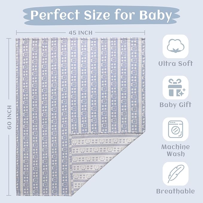 NTBAY 3 Layer Oversized Muslin Toddler Blanket, 45 x 60, Blue Bear | Muslin Cotton Outer Layers with Light Thermal Fiber Fill, Reversible Blanket for Daycare, Travel, Naps, and Supervised Use