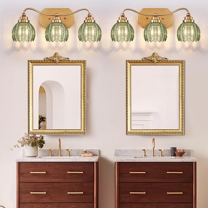 Vintage Gold Vanity Lights, 3 Light Tulip Crystal, Antique Brass Finish | Brushed Gold Bathroom Light Fixtures, Green Wall Sconce Ideal for Bedroom, Living Room, E26 Compatible, Easy Install