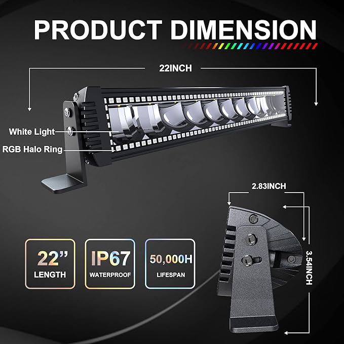 Lpteso RGBW LED Light Bar 22'' inch 120W Flood Spot Combo Beam 2PCS 4 Inch 18W Flood RGB LED Pods with 16 Solid Colors Chasing RGB Halo Ring Changing with Strobe Flashing with Rocker Switch Wiring