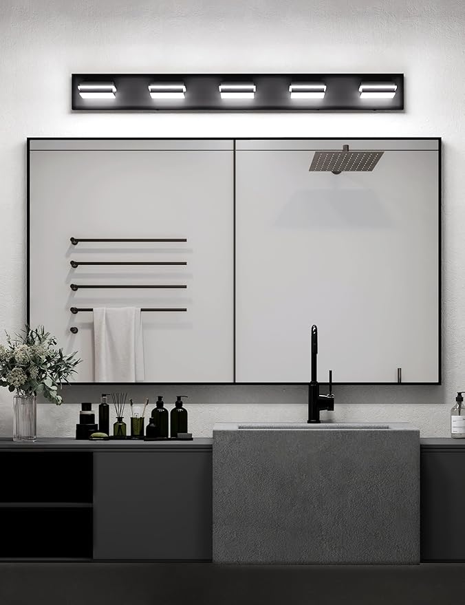 VOLISUN Modern 5-Light, 40-Inch Black Bathroom Vanity Light Fixtures, 360 Rotatable Head, LED Vanity Lights for Bathroom