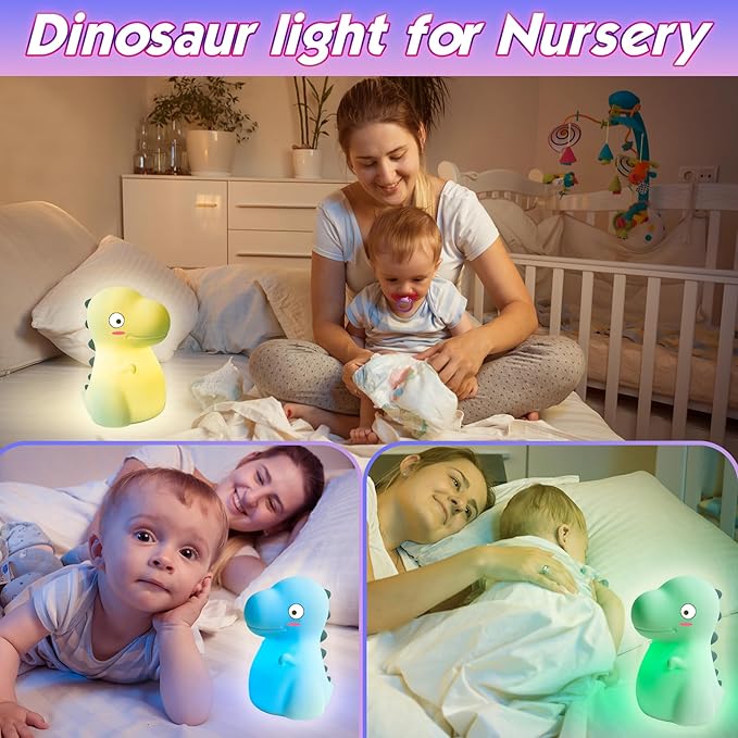 Dinosaur Night Light for Kids, Cute Silicone Night Light, 7 Adjustable Color Breathing Dinosaur Lamp, Rechargeable USB LED Touch Light for Children's Room Decor, Christmas Birthday Gift (Pink)