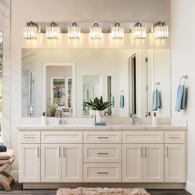 Aipsun Brushed Nickel Bathroom Light Fixtures Crystal Vanity Lighting Fixture Modern Bathroom Vanity Light 7 Light (Exclude Bulb)