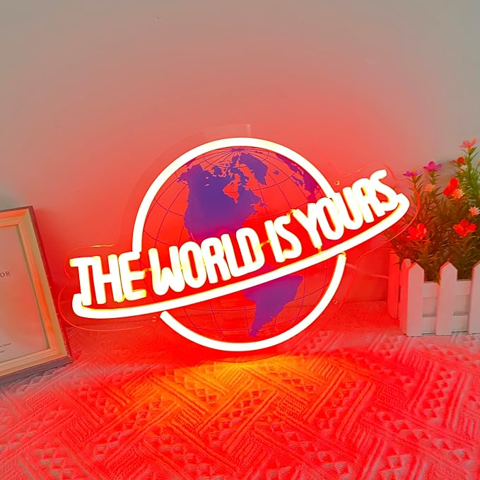 The World Is Yours Neon Sign, Dimmable Planet LED Neon Light Lamp for Wall Decor, USB Power for Man Cave Home Bar Bistro Club Cafe Wedding Game Room Bedroom Birthday Gift Graduation Party (Red)